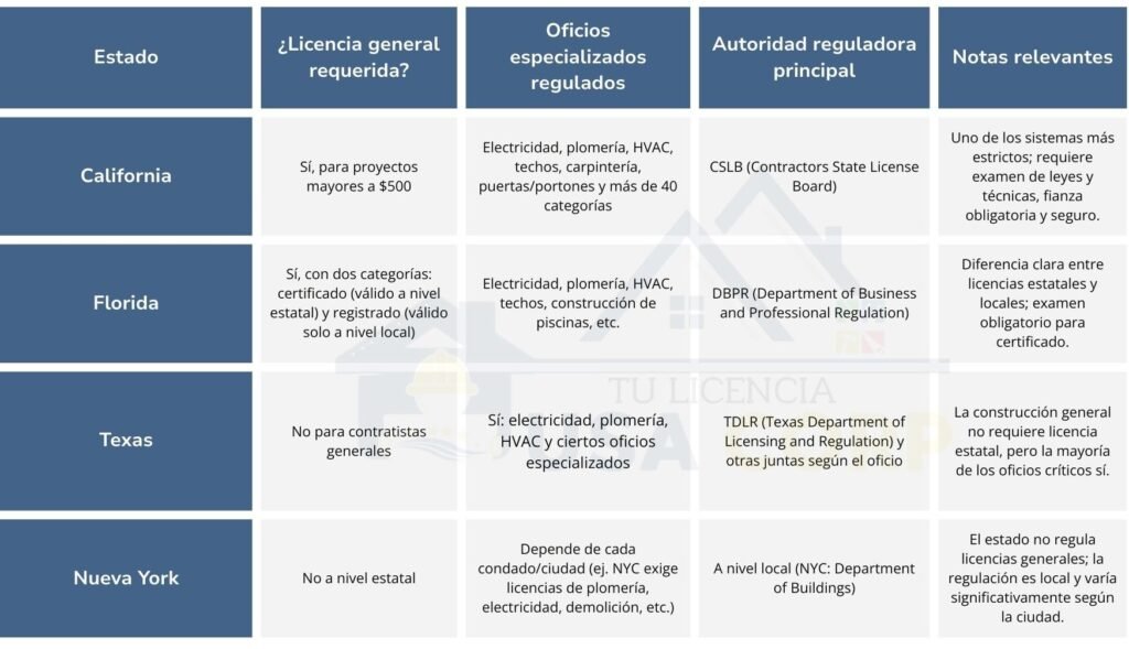 Tabla comparativa de licencias de contratistas por estado